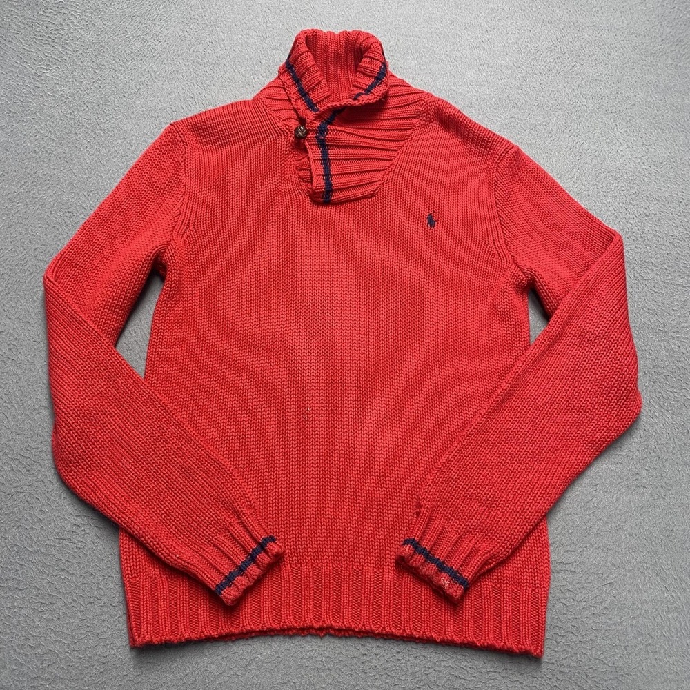 Polo Ralph Lauren Sweater Boys Large 14/16 Red Shawl Collar Cotton Pullover Pony